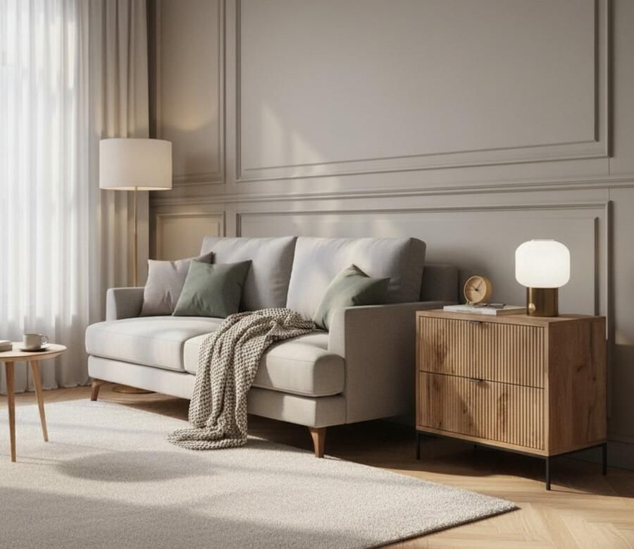 Industrial-Home Nachtkastje Houtlook “Nova” Viking Eik 66x60x36 cm Nachtkast met 2 Lades & Opbergvakken Modern Slaapkamermeubel Scandinavisch Design Stevig & Duurzaam