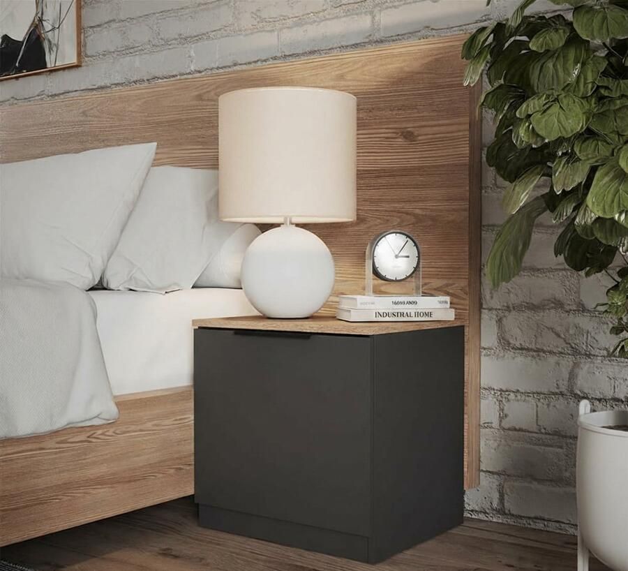 Industrial-Home Nachtkastje Industrieel – “Oslo Deluxe” Nachtkast met Klep en Legplank – 50x50x42 cm – Antraciet Sonoma – Moderne Bedtafel met Opbergruimte – Slaapkamer & Kinderkamer Meubel