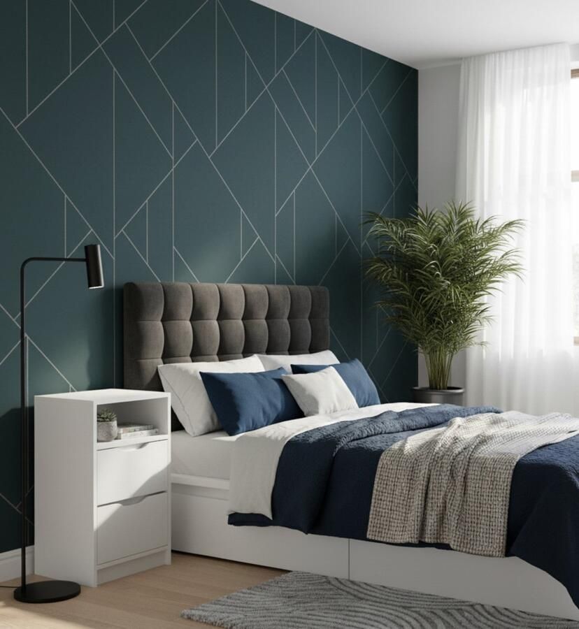 Industrial-Home Nachtkastje voor Boxspringbed – Ruben Deluxe – Hoog Nachtkastje met 2 Lades en Open Vakken – Modern Wit – Krasbestendig – 38 x 30 6 x 66 6 cm – Luxe Bedkast – Nachtmeubel met Veel Opbergruimte