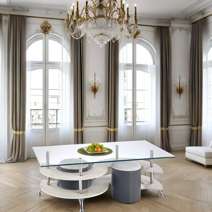 Industrial-Home NINA 5 Salontafel met Poefjes Grijs en Donkergrijs 130x70x42 cm Glas Gelakt MDF Chroom Staal PVC Rechthoekig