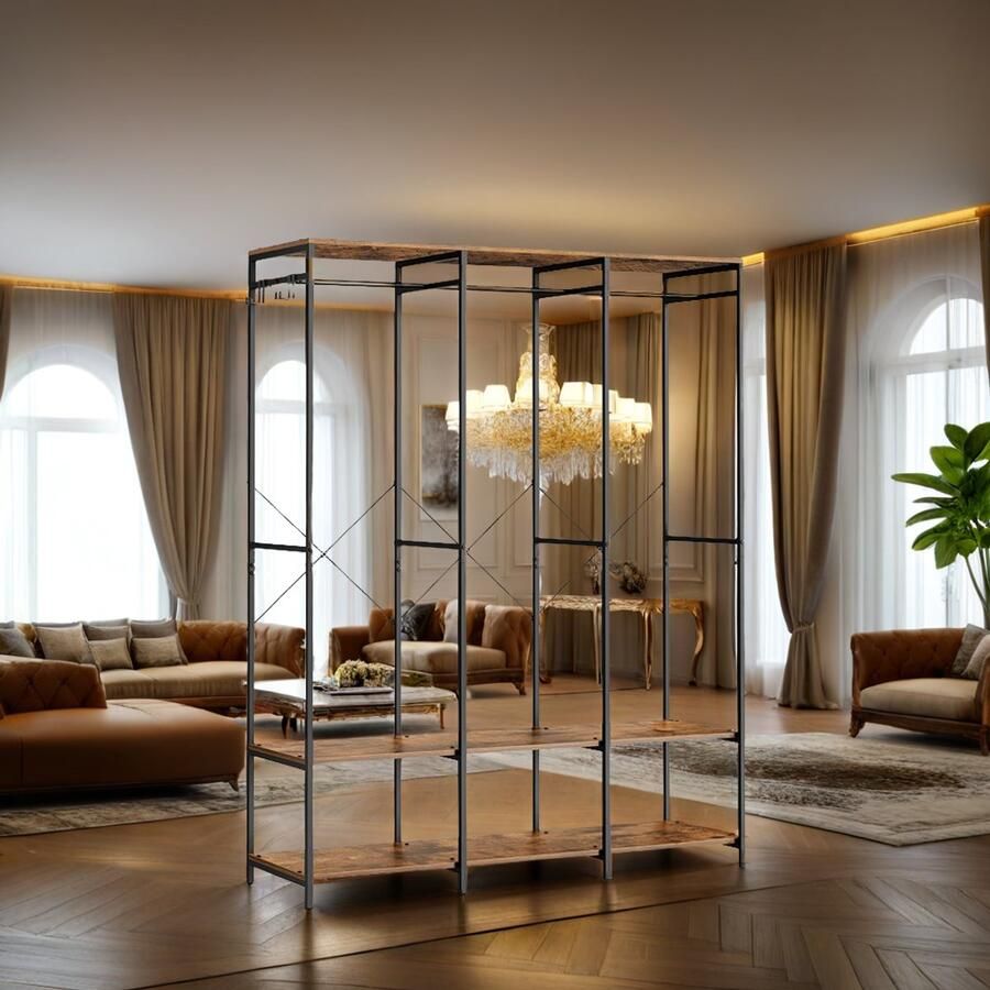 Industrial-Home Open Kledingkast – Industrieel Design – 40 x 141 x 180 cm – Met Haken & Legplanken – Vintage Bruin