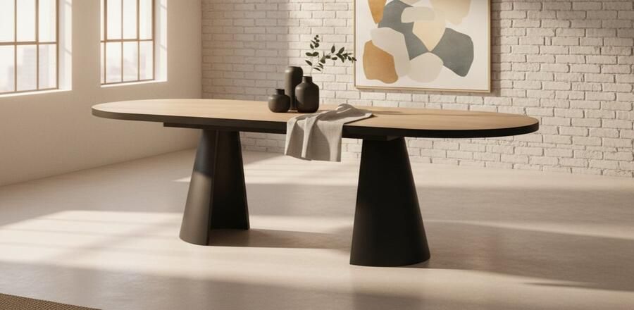 Industrial-Home Oval Extendable Dining Table Natural Oak – Modern Wood Table with Black Base – Seats 4 to 8 Persons – Elegant & Sturdy Design – Easy to Clean – 180-240x100x76 cm