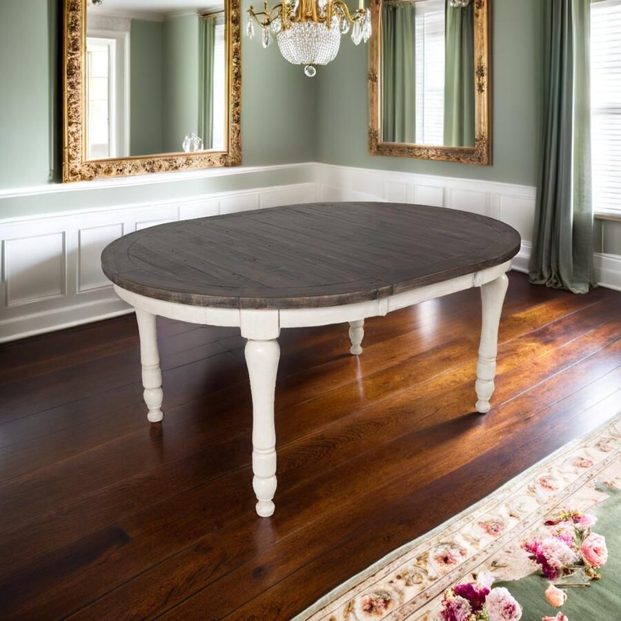 Industrial-Home Ronde Uitschuifbare Eettafel – Verlengbare Eetkamertafel van Dennenhout Lance – 122-167 cm – Voor 8 Personen – Hout Bruin & Antiek Wit – Eettafel Uitschuifbaar – Ronde Tafel Hout – Landelijke Stijl – Eetkamerset