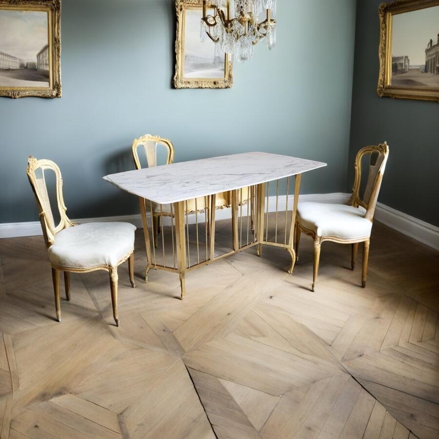 Industrial-Home Rupt Eettafel – 160 x 90 x 75 cm – Wit Marmerlook – Deens Ovaal – Steen Tafelblad – Gouden Stalen Onderstel – Modern Design – Geschikt voor 4 Personen