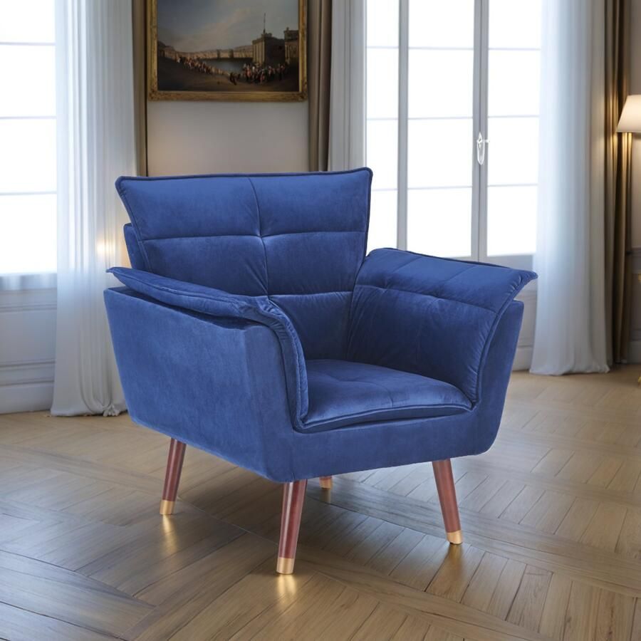 Industrial-Home Sapenzie REZZO Fauteuil – Navy Blauw – 80 x 73 x 84 cm – Zithoogte 41 cm – Stof & Massief Hout – Goud Walnoot Accenten – Luxe Design Stoel – Tomasso Tables