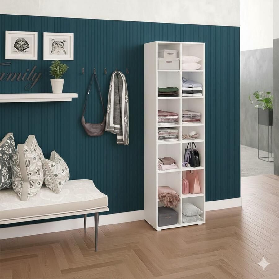 Industrial-Home Schoenenkast – Paris Luxe – Wandmontage Schoenenrek met 14 Legplanken – Wit – 52 4 x 33 3 x 183 cm – Moderne Opbergkast voor Woonkamer Hal of Gang – Onderhoudsarm – Schoenen Organizer