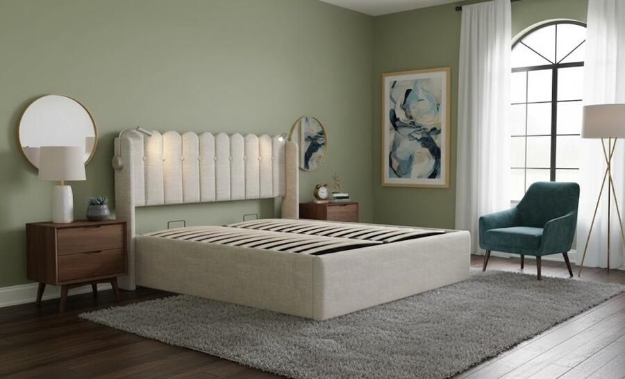 Industrial-Home Tweepersoonsbed met LED Leeslampje USB-aansluiting Functioneel Hoofdeinde & Lattenbodem – Linnen – Natuurlijk Beige