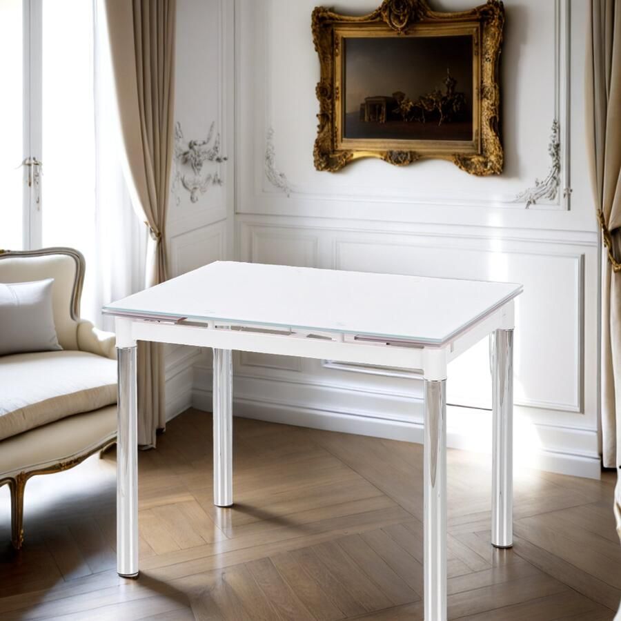 Industrial-Home Uitschuifbare Eettafel – Marmerlook Wit – Luxe Glazen Blad – 160-220 x 90 x 76 cm – Massief Roestvrijstalen Frame – 108 5 kg – Elegant Design voor 6 tot 8 Personen – Tijdloos & Stijlvol Tréminis eetkamer tafel uitschuif