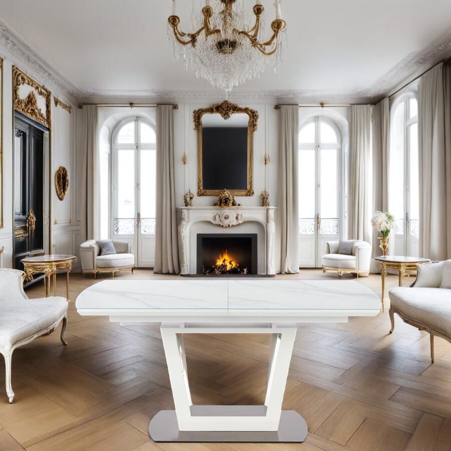 Industrial-Home Uitschuifbare Eettafel – Marmerlook Wit – Luxe Glazen Tafelblad – Verlengbaar van 160 tot 220 cm – Halfrond Design – Stalen Frame – Modern & Klassiek Interieur – 6 tot 8 Personen – 90 x 76 cm – Elegant & Duurzaam