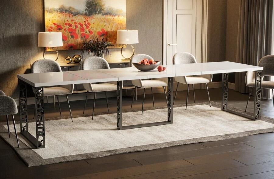 Industrial-Home Witte Glans Uitschuifbare Eettafel (130-330 cm x 80 cm x 75 cm) – Verlengbaar Tafelblad Stevig Metaal en Bewerkt Hout – Modern Design voor 4 tot 8 Personen