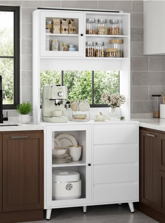 Industrial-Home woning Elegante witte vitrinekast met glazen deuren en 4 lades Hoog dressoir 80 x 40 x 180 cm Moderne keukenkast met werkblad verstelbare planken en kantelbeveiliging Voor keuken eetkamer of woonkamer