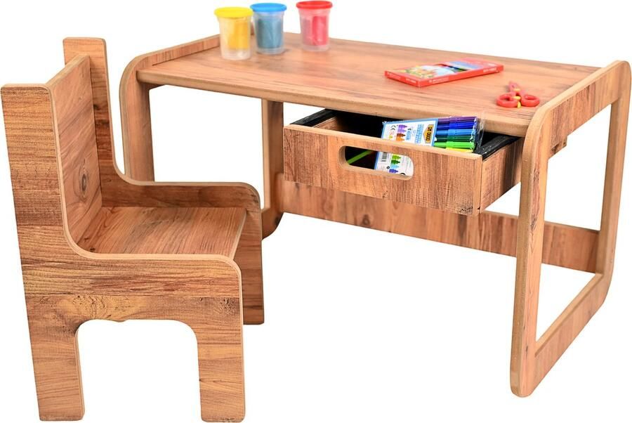 Industrial Living Activiteiten tafel Speeltafel Kinderbureau met lade Kinder eethoekset Kindertafel Mdf Walnoot