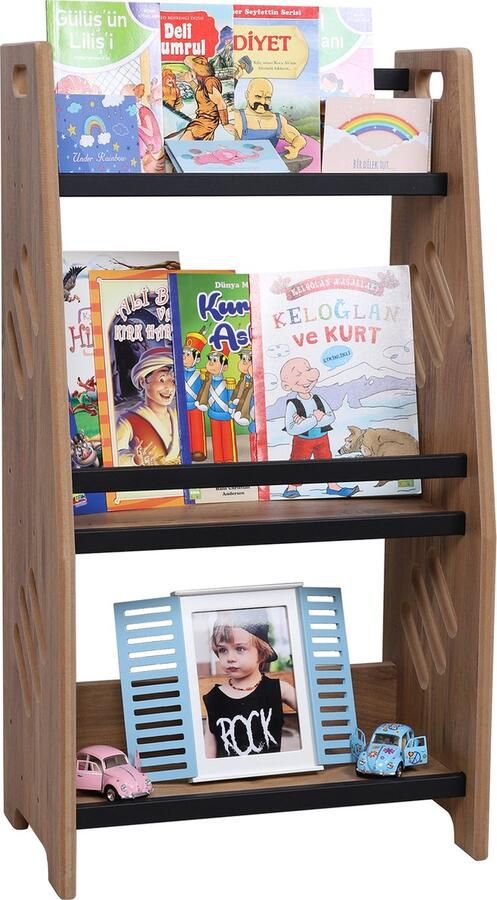 Industrial Living Boekenrek – Boekenkast kind – Boekenrek Kinderkamer – Speelgoedkast – Montessori – Opbergkast Kinderen – Industrieel – Hout MDF – Metaal – Walnoot – Zwart