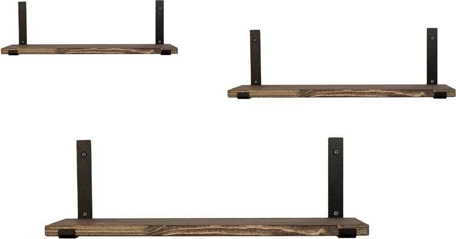 Industrial Living Boekenplank Wandrek Wandplank hout Fotorek Industrieel Wanddecoratie Set van 3 Metaal Zwart