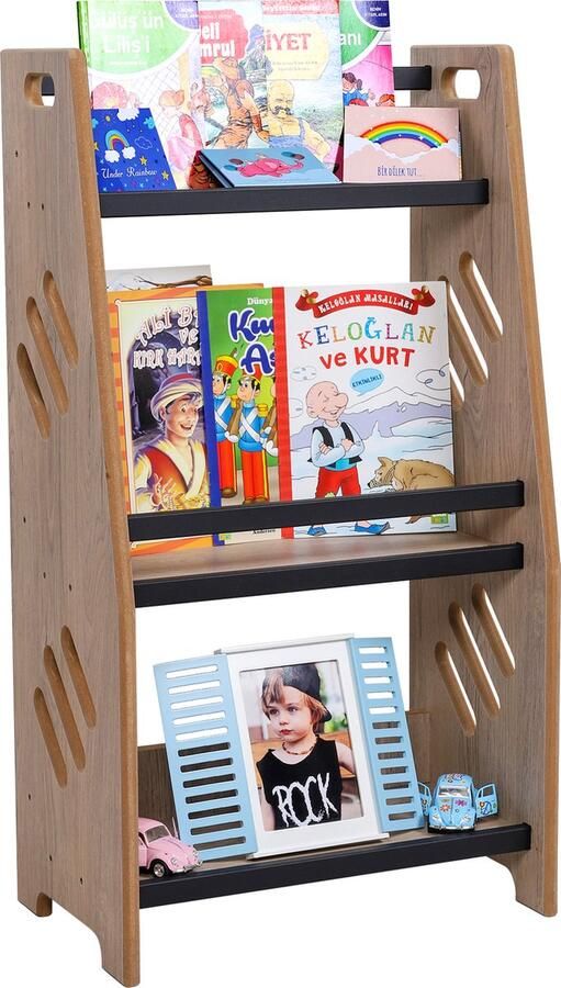 Industrial Living Boekenkast Kind – Boekenrek – Speelgoedkast – Boekenrek Kinderkamer – Speelgoedkast – Montessori – Opbergkast Kinderen – Industrieel – Hout MDF – Metaal – Eiken grijs – Zwart