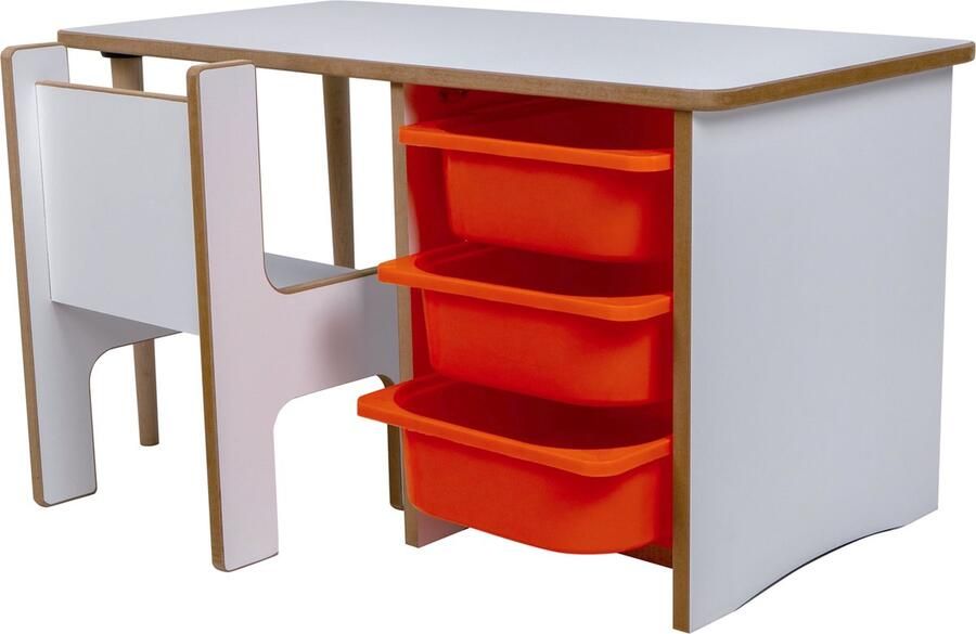 Industrial Living Industrial livinig kindertafel met 3 oranje lades Kinderbureau met stoel Activiteiten tafel Speeltafel Tekentafel Hout Wit