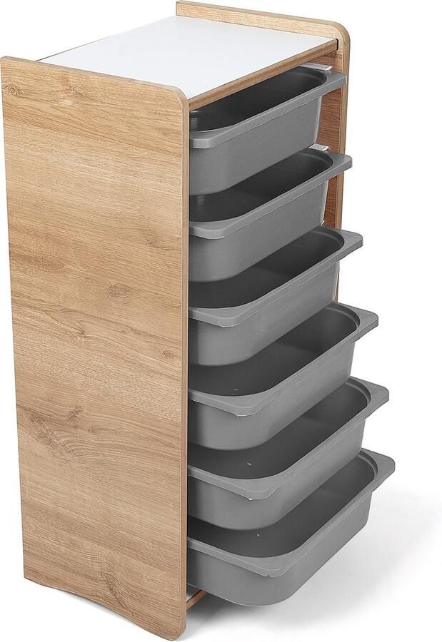 Industrial Living kinderkast met 6 grijze opberglades Kast kinderkamer Speelgoedkast Opbergkast Boekenkast Hout Walnoot