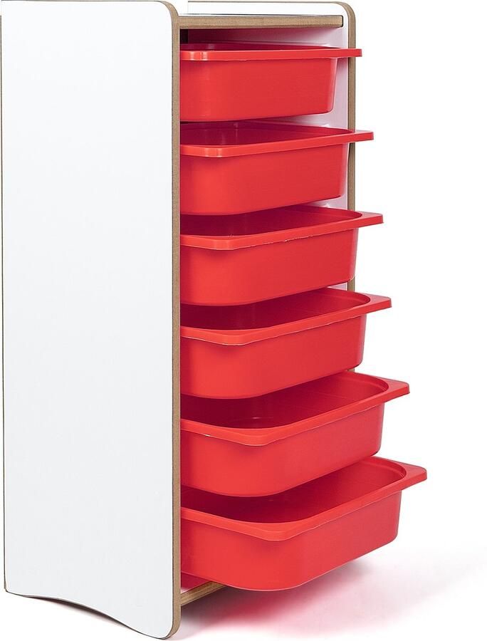 Industrial Living kinderkast met 6 rode opberglades Speelgoedkast Opbergkast Boekenkast Kast Kinderkamer Hout Wit