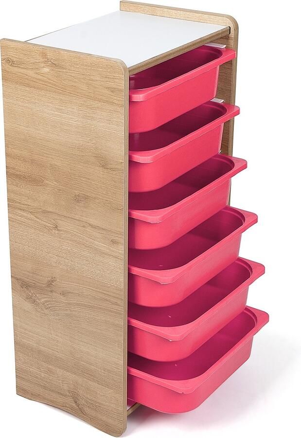Industrial Living kinderkast met 6 roze opberglades Speelgoedkast Opbergkast Boekenkast Kast kinderkamer Hout Walnoot