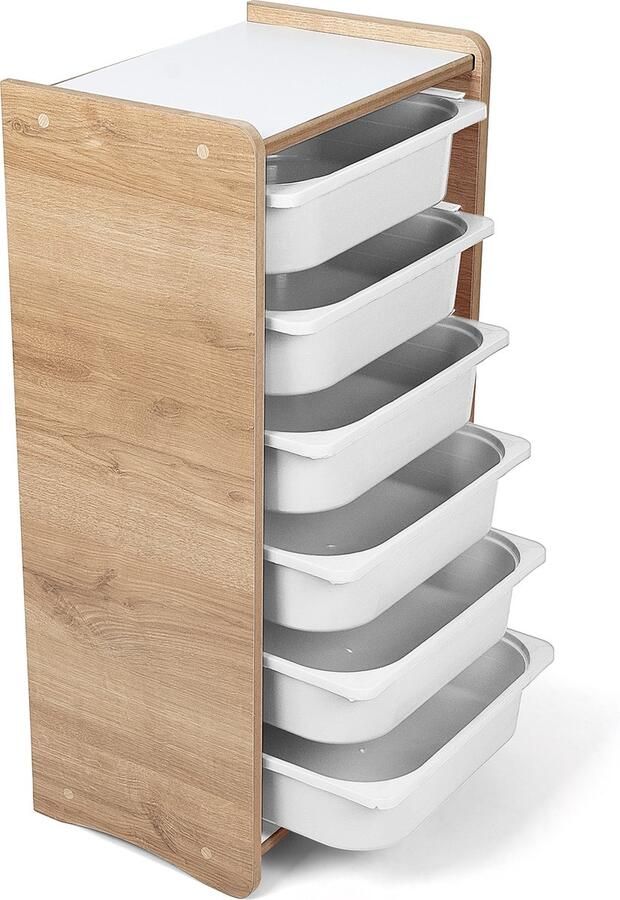 Industrial Living kinderkast met 6 witte opberglades Speelgoedkast Opbergkast Kast kinderkamer -Boekenkast Hout Walnoot