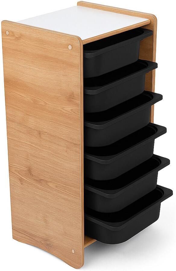 Industrial Living kinderkast met 6 zwarte opberglades Kast kinderkamer Speelgoedkast Opbergkast Boekenkast Hout Walnoot