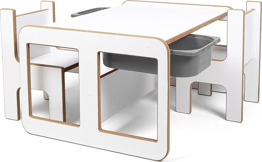 Industrial Living kindertafel met 2 grijze opberglades 2 Kinderstoelen Kinderbureau Tekentafel Activiteitentafel Speeltafel Hout Wit - Foto 2