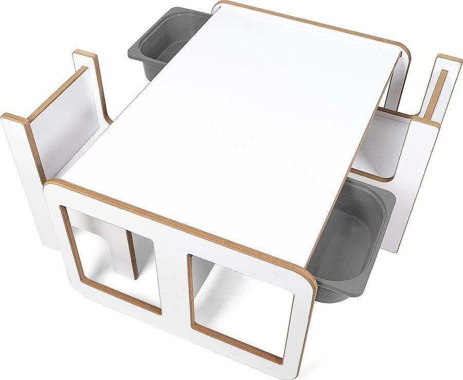 Industrial Living kindertafel met 2 grijze opberglades 2 Kinderstoelen Kinderbureau Tekentafel Activiteitentafel Speeltafel Hout Wit