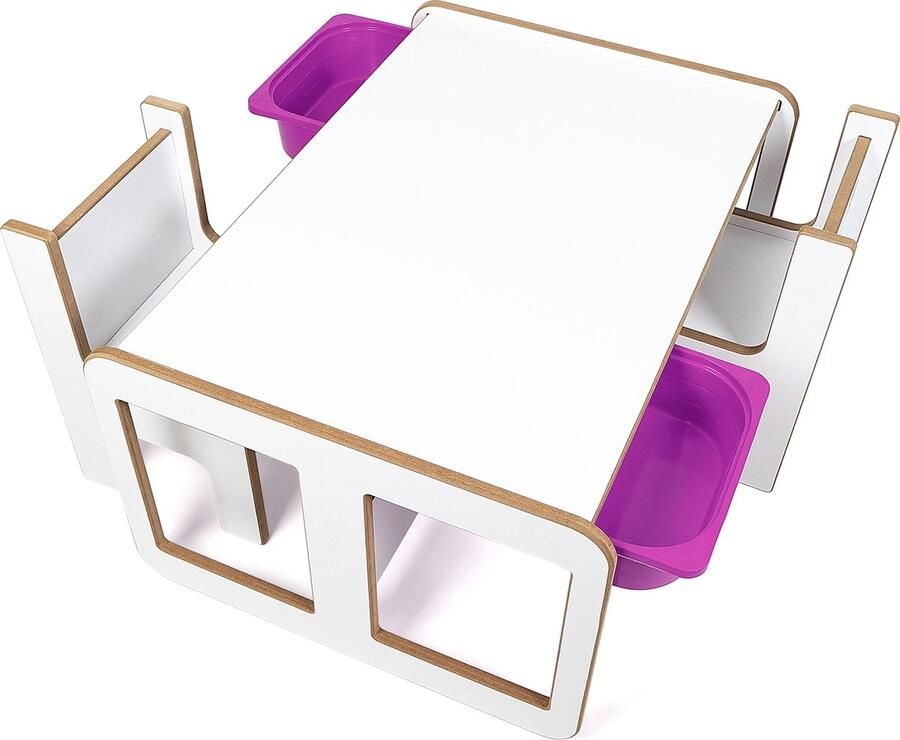 Industrial Living kindertafel met 2 lila opberglades Kinderbureau met 2 stoelen Speeltafel Activiteitentafel Tekentafel Hout Wit