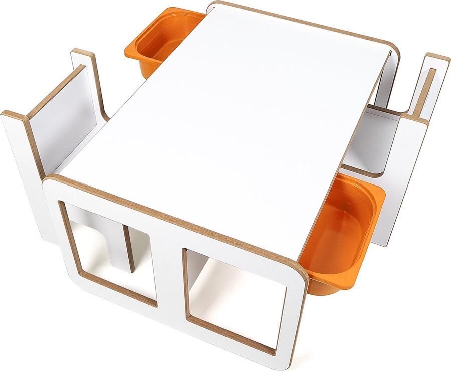 Industrial Living kindertafel met 2 oranje opberglades Speeltafel met 2 kinderstoelen Activiteitentafel Speeltafel Activiteitentafel Hout Wit