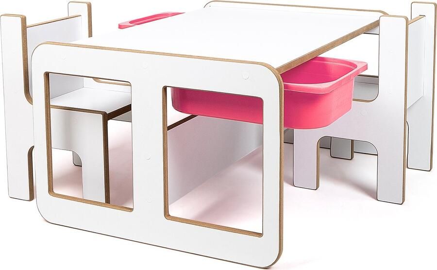 Industrial Living Kindertafel met 2 roze opberglades Kinderbureau Activiteitentafel Speeltafel met 2 kinderstoelen Tekentafel Hout Wit - Foto 2