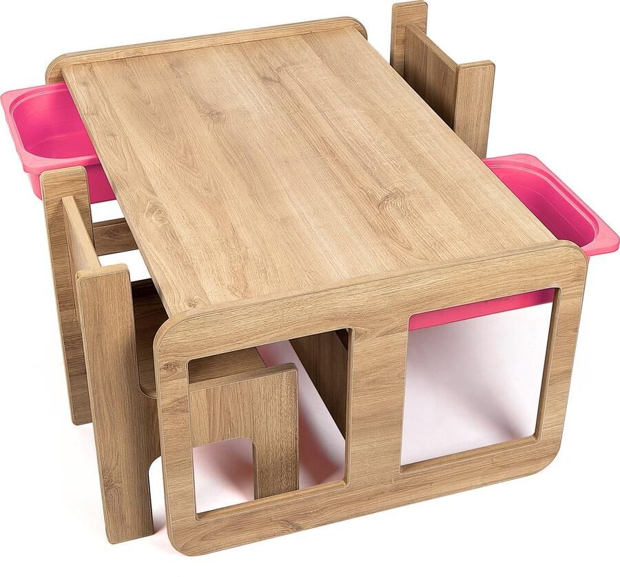 Industrial Living kindertafel met 2 roze opberglades Speeltafel 2 kinderstoelen Activiteitentafel Speeltafel Kinderbureau Hout Walnoot