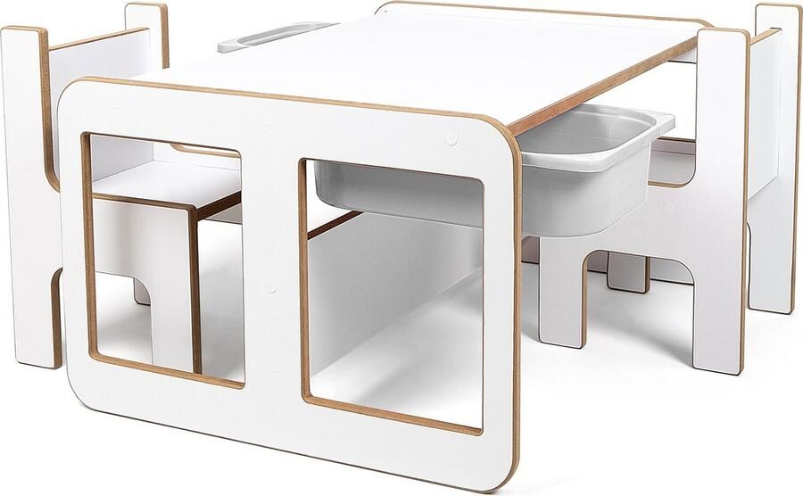 Industrial Living kindertafel met 2 witte opberglades Kinderbureau met 2 stoelen Speeltafel Activiteitentafel Tekentafel Hout Wit - Foto 2
