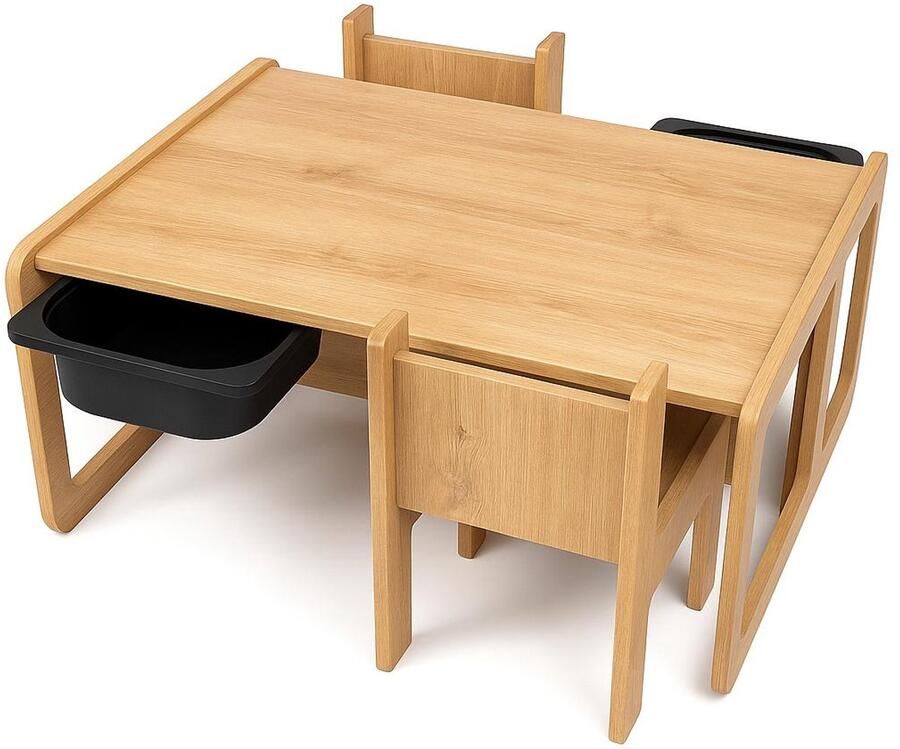 Industrial Living kindertafel met 2 zwarte opberglades Speeltafel met 2 kinderstoelen Kinderbureau Activiteitentafel Speeltafel Hout Walnoot