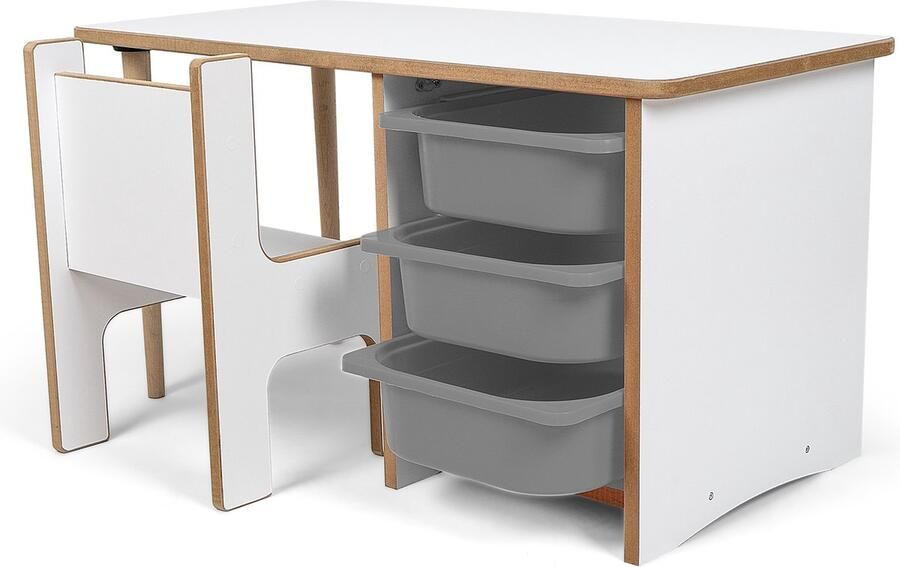 Industrial Living kindertafel met 3 grijze opberglades Kinderbureau Speeltafel met kinderstoel Activiteitentafel Tekentafel Hout Wit