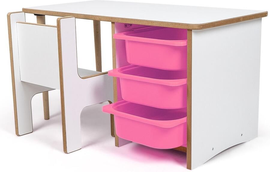 Industrial Living kindertafel met 3 roze opberglades Kinderbureau Tekentafel met kinderstoel Activiteitentafel Speeltafel Wit Hout