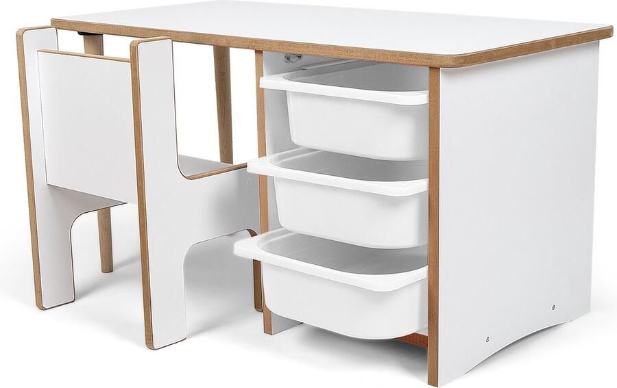 Industrial Living kindertafel met 3 witte lades Kinderbureau Speeltafel met kinderstoel Activiteitentafel Tekentafel Wit Hout