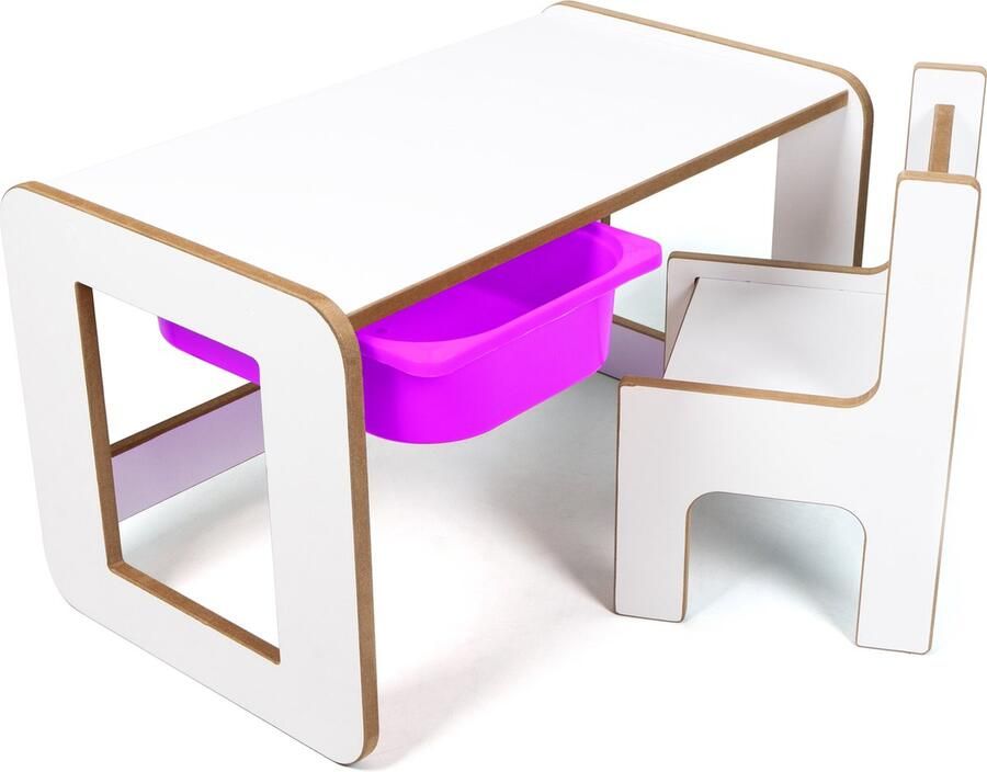 Industrial Living kindertafel met lila lade Speeltafel Tekentafel met kinderstoel Kinderbureau Activiteitentafel Hout Wit