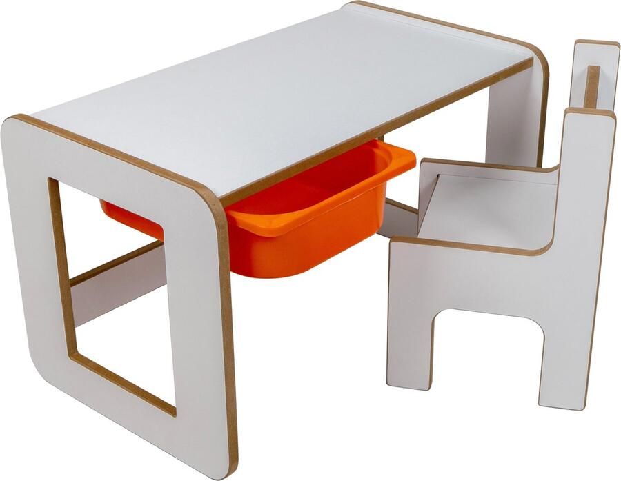 Industrial Living kindertafel met oranje opberglade Kinderbureau Tekentafel met kinderstoel Speeltafel -Activiteitentafel Hout Wit