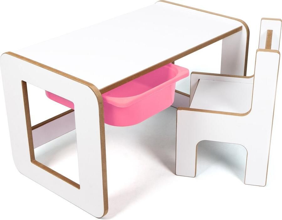 Industrial Living Kindertafel met roze lade Activiteitentafel met kinderstoel Speeltafel Tekentafel Kinderbureau Hout Wit