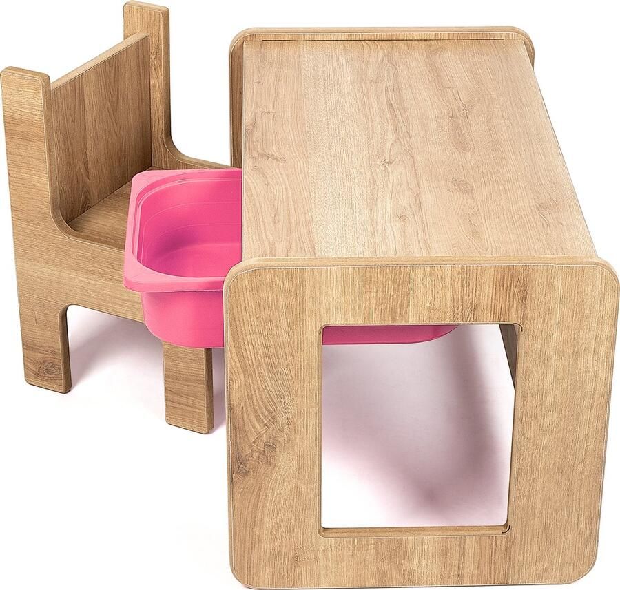 Industrial Living kindertafel met roze lade Speeltafel Tekentafel Kinderbureau met kinderstoel Activiteitentafel Walnoot Hout
