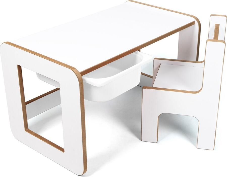 Industrial Living kindertafel met witte lade Speeltafel met kinderstoel Kinderbureau Activiteitentafel Hout Wit