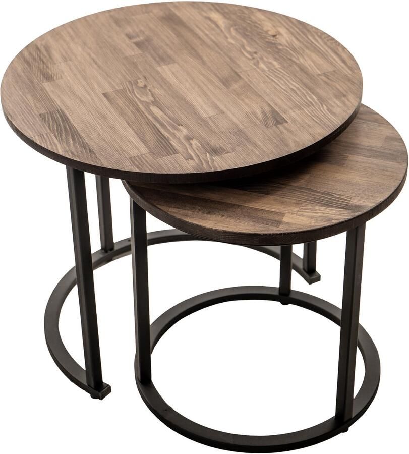 Industrial Living Salontafel – Ronde salon tafel – Massief Dennenhout – Bijzettafel – Set van 2 – Walnoot – Metalen frame Zwart