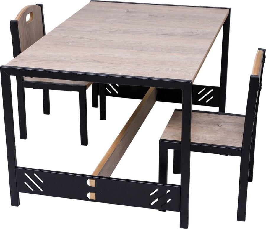 Industrial Living Speeltafel met 2 Stoelen Activiteitentafel voor Kinderen Kinderbureau van Hout en Metaal Eiken Afwerking
