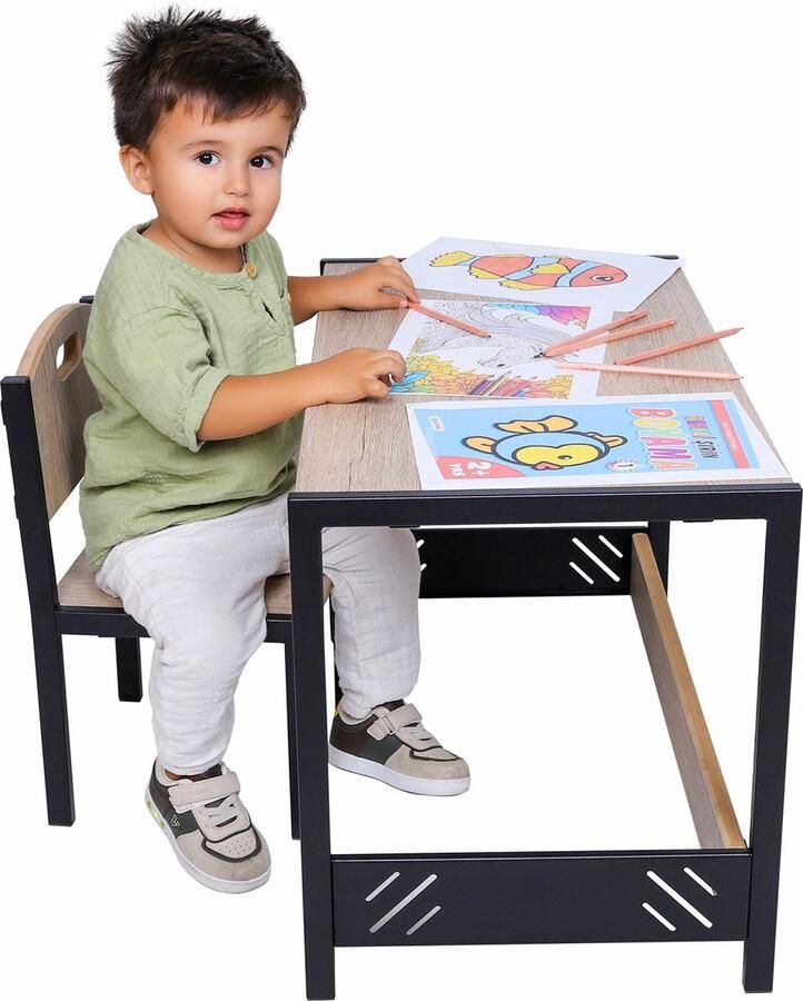 Industrial Living Speeltafel – Activiteiten tafel – Kindertafel en stoeltjes – Kinderbureau – Montessori -Kinderkamer Meubels – Eiken Grijs – Zwart