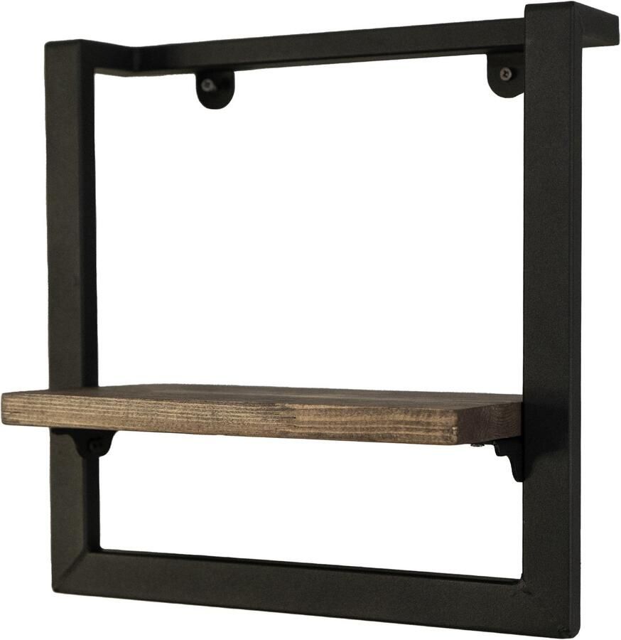 Industrial Living Wandrek Fotorek Wandbox rechthoek Fotorek Wandplank Wanddecoratie Industrieel Metaal Zwart Hout 35x25cm