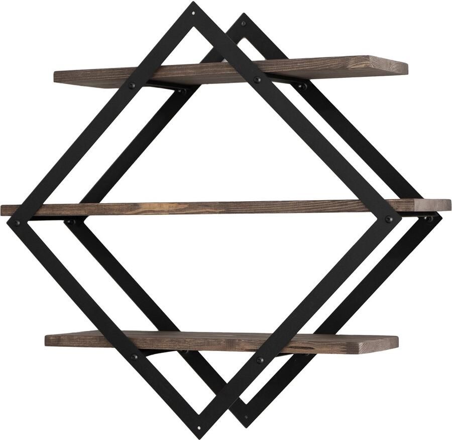 Industrial Living Wandrek Wandplank Wandrek industrieel Fotorek Boekenplank Wanddecoratie Wandbox Metaal zwart 70x70cm Hout