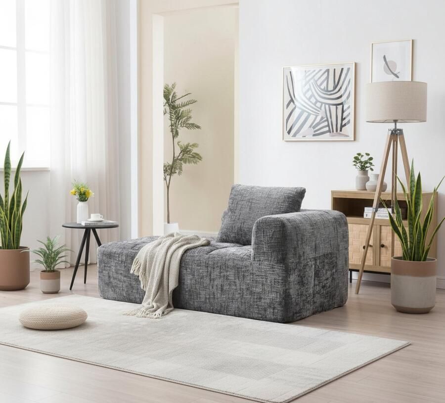 Industrialhome 1-zitsbank met ligfunctie 158x90x39 cm – Luxe Chenille Fauteuil met Kussen & Zijzakken – Grijs – Comfortabele Ligstoel Zonder Montage – Moderne Gestoffeerde Bank voor Woonkamer of Slaapkamer