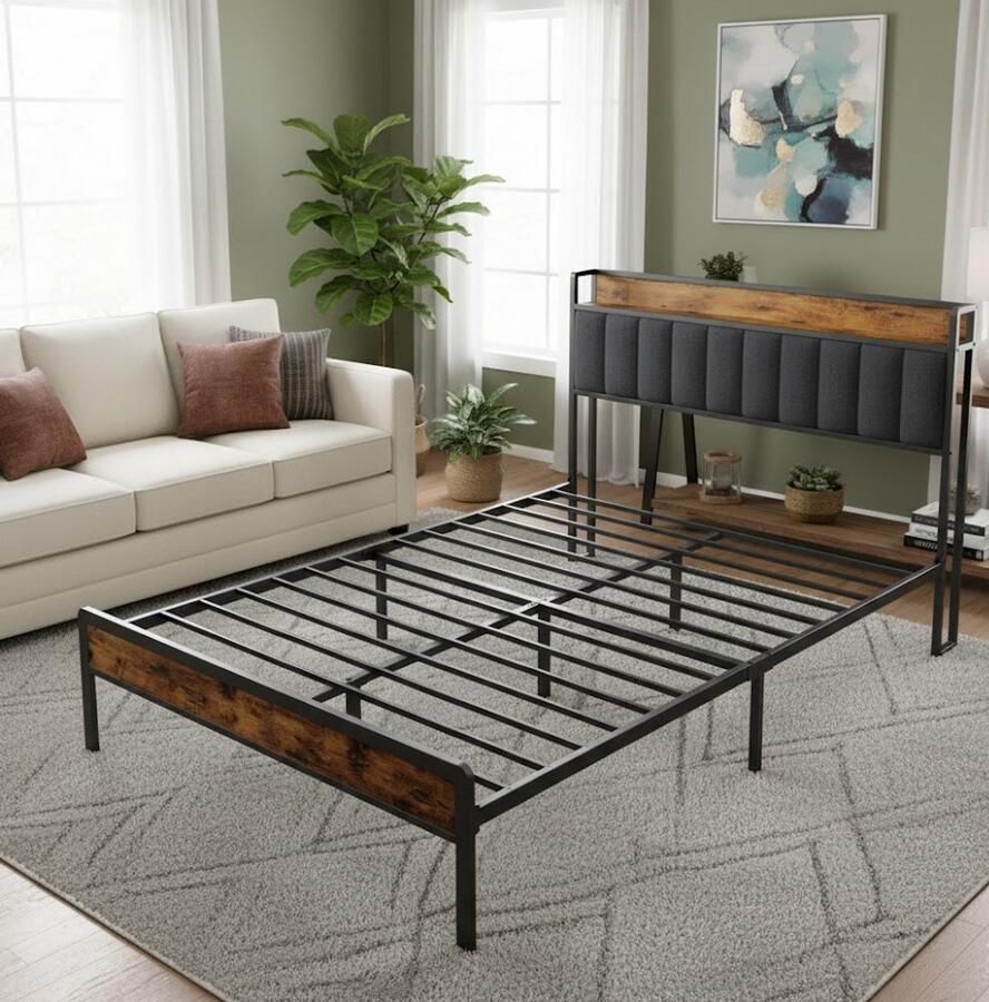 Industrialhome 140x200 cm Gestoffeerd Tweepersoonsbed Stevig Metalen Frame Houten Lattenbodem Comfortabel Hoofdbord Veel Opbergruimte en Eenvoudige Montage Donkergrijs Duurzaam & Geluidloos Ontwerp Modern Bed met Gevoerde Hoofdeinde en Sta