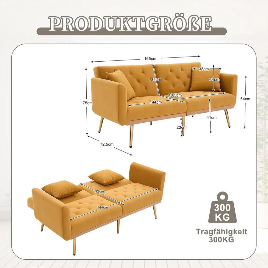 Industrialhome 2-zits Slaapbank Velvet Luxe – Gele Moderne Fluwelen Bank met Verstelbare Rugleuning Comfortabele Tweezits Sofa met Kussens Fluweel Geel – Bank voor Woonkamer Slaapkamer & Logeerkamer