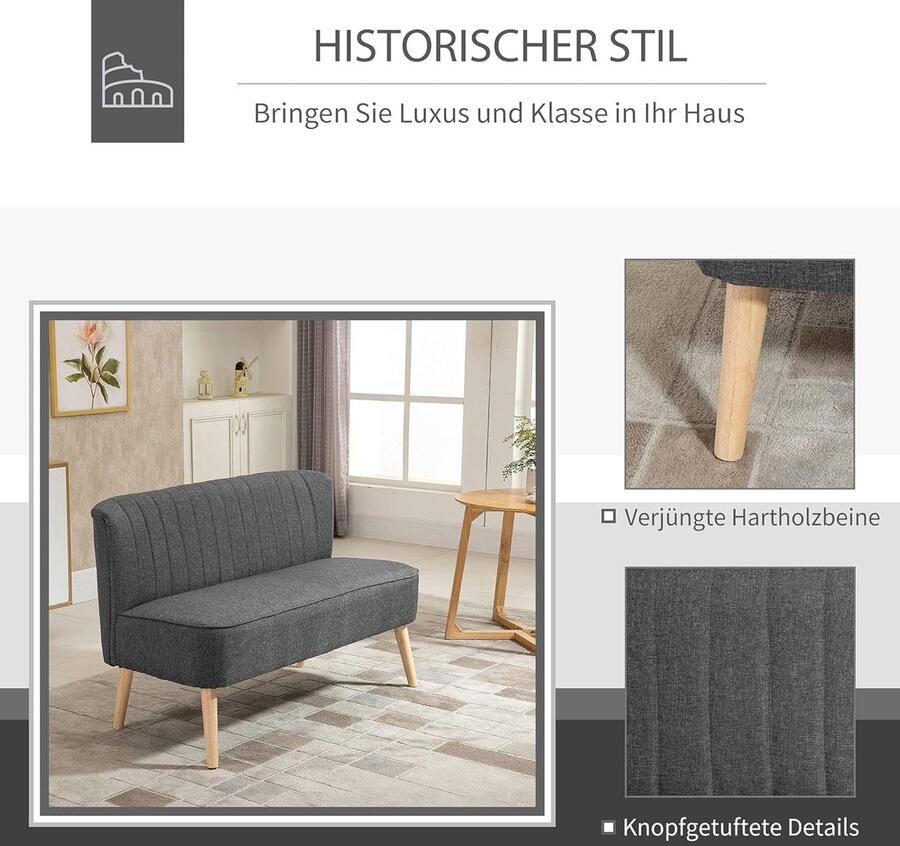 Industrialhome 2-zitsbank CozyLuxe Donkergrijs – Moderne Kleine Loveseat met Linnenlook Comfortabel Gestoffeerde Sofa voor Woonkamer Slaapkamer of Kleine Ruimte – Stevig Houten Frame – 117 x 56 5 x 77 cm